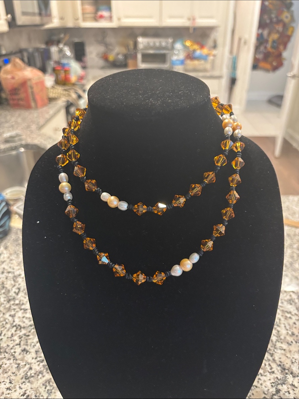 Handcrafted Amber Crystal and Pearl Layered Necklace - Women Jewelry